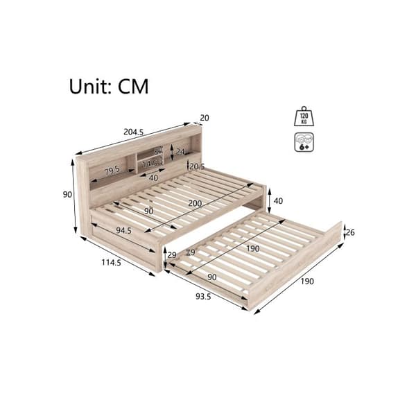 Soffa, Dagbädd, Dagbädd, 90*200cm, Kökssäng, Eluttag + USB, Utan madrass, Naturlig