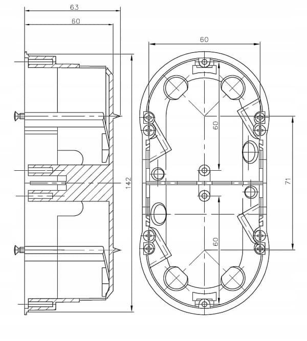 x kipsilevylaatikko, jossa 2 lokeroa, ? 68 mm x 136 mm x 60 mm syvä, PK60-10PG 1 kpl.