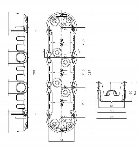 1 x 4-reikäinen kipsilevylaatikko, ? 68 mm x 272 mm x 60 mm syvä, PK60-47PG 1.
