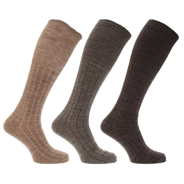 Mens Long Length Ribbed Lambswool Blend Socks (Pack Of 3) Brown Assorted UK 6-11 EURO 39-45