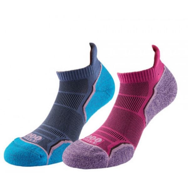 1000 Mile Womens/Ladies Run Ankle Socks (Pack of 2) Hot Pink/Lavender/Blue 3 UK-5 UK
