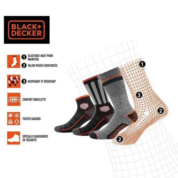 BLACK+DECKER Förstärkta arbetsstrumpor för män, hög, dubbel tå/hälförstärkning (pack om 6) - svart