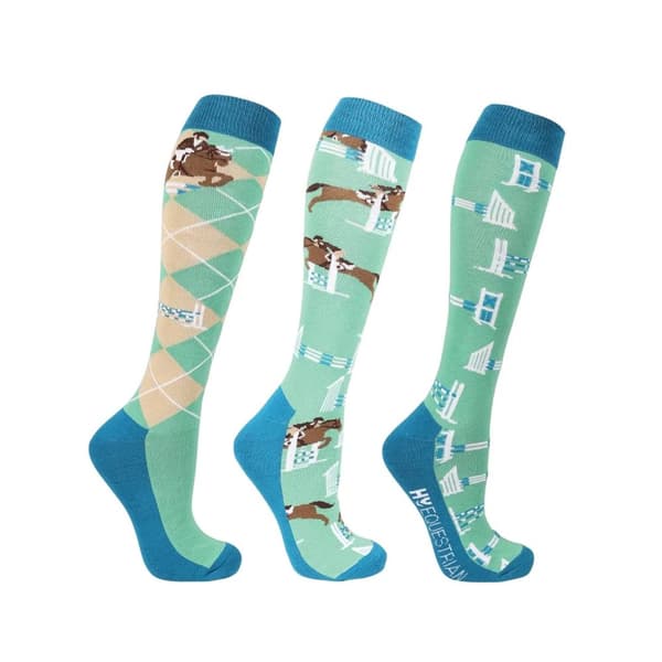 HyFASHION Unisex Adult Jumping Socks (Pack of 3) Emerald/Blue/Beige 4 UK-8 UK