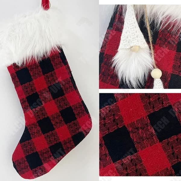 TD® Julstrumpa Godispåse 47*25cm 2st Röd och svart plädmönster Plyschfransar Lämplig för juldekoration