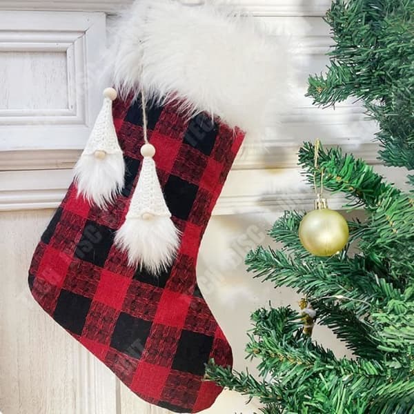 TD® Julstrumpa Godispåse 47*25cm 2st Röd och svart plädmönster Plyschfransar Lämplig för juldekoration