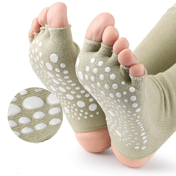 INF Halkfria Yoga Strumpor med Öppen Häl - Förbättrat Grepp & Komfort Kaki