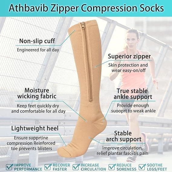 2 paria vetoketjullisia kompressiosukkia, 15-20 mmHg umpinaiset ja vetoketjulliset sukat naisille ja miehille