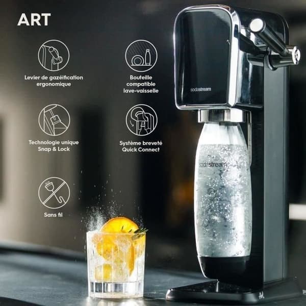 Soda- och kolsyrad vattenmaskin SODASTREAM - ART Svart - 1 diskmaskinskompatibel flaska - 1 gaspatron 60L