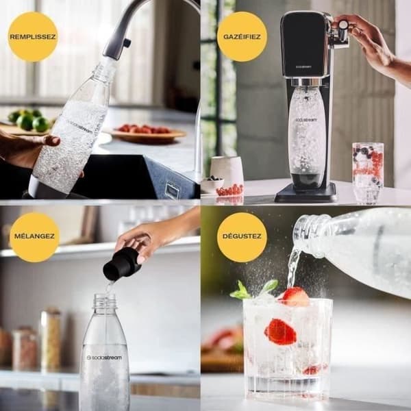 Soda- och kolsyrad vattenmaskin SODASTREAM - ART Svart - 1 diskmaskinskompatibel flaska - 1 gaspatron 60L