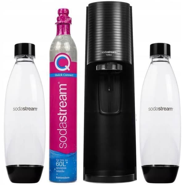Sodastream Terra Black Water Carbonation Device med 2 flaskor + 3 Sodastream Pepsi Siraps, Mirinda, 7UP