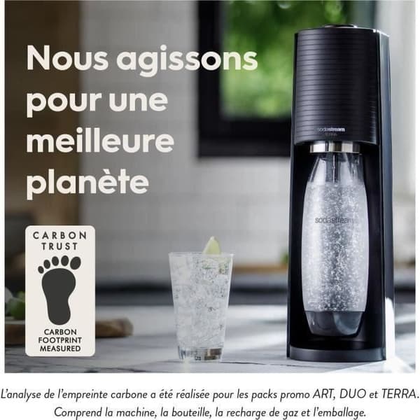 Sodamaskin och kolsyrat vatten SODASTREAM - TERRA Svart - 1 diskmaskin-kompatibel flaska - 1 gaspatron 60L
