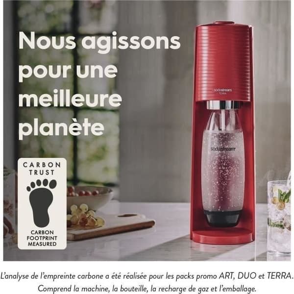 Sodamaskin och kolsyrat vatten SODASTREAM - TERRA Röd - 1 diskmaskinskompatibel flaska - 1 gaspatron 60L