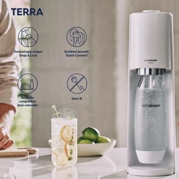 Soda- och kolsyrad vattentillverkare SODASTREAM - TERRA Vit - 2 flaskor som är diskmaskinssäkra - 1 gaspatron 60L