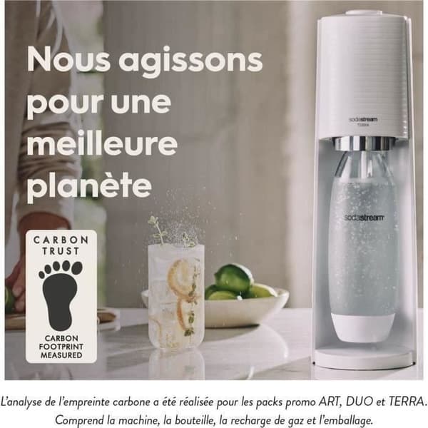 Soda- och kolsyrad vattentillverkare SODASTREAM - TERRA Vit - 2 flaskor som är diskmaskinssäkra - 1 gaspatron 60L