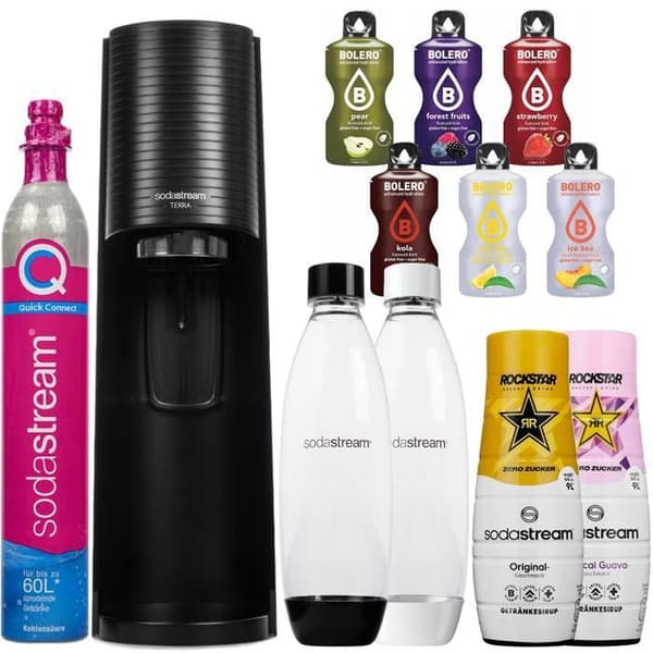 Kolsyrningsmaskin - SodaStream - Terra - Svart - 2 flaskor - 2 Rockstar siraper