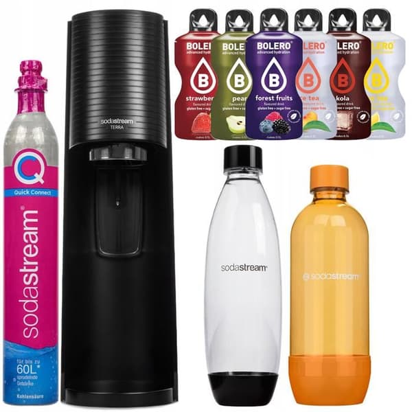 SodaStream Terra Black en flaska + SodaStream Orange 1L flaska (dek) + Bolero