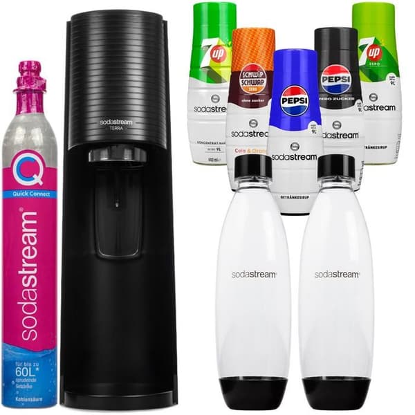 SodaStream Terra Black 2 flaskor + 5 Pepsi Mirinda 7UP siraper