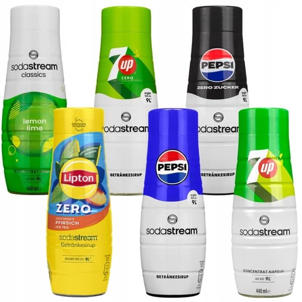 6x SodaStream Sirap Pepsi, Pepsi MAX, 7up, 7UP Zero, Lemon Lime, Lipton Ice Tea Peach 440 ml