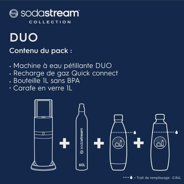 Maskin för läsk och kolsyrat vatten SODASTREAM - DUO Svart - 2 flaskor som är diskmaskinssäkra + 1 gaspatron 60L