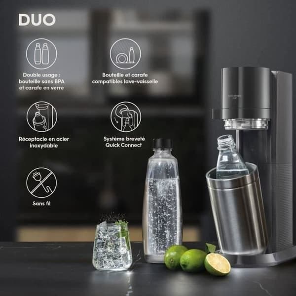 Maskin för läsk och kolsyrat vatten SODASTREAM - DUO Svart - 2 flaskor som är diskmaskinssäkra + 1 gaspatron 60L