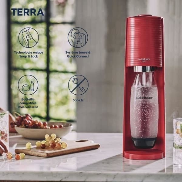 Sodamaskin och kolsyrat vatten SODASTREAM - TERRA Röd - 1 diskmaskinskompatibel flaska - 1 gaspatron 60L
