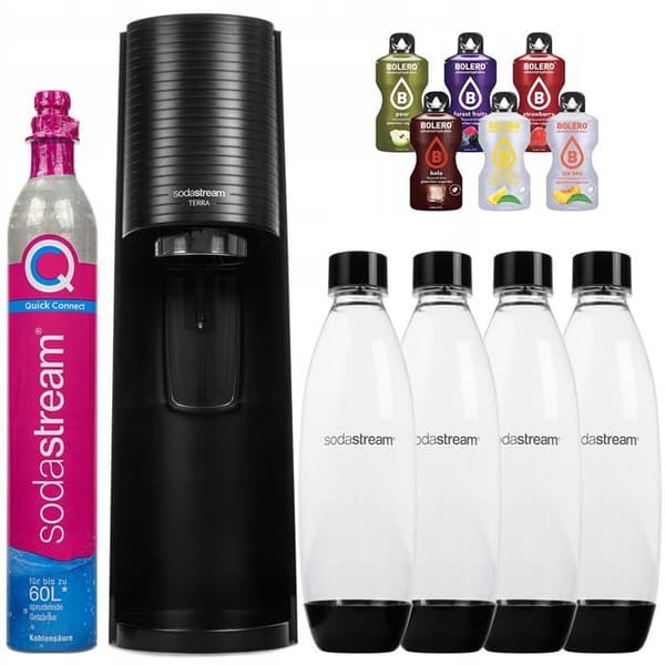 SATURATOR SODASTREAM TERRA KITT SVART VATTEN 4 FLASKOR + 6x DRYCKER