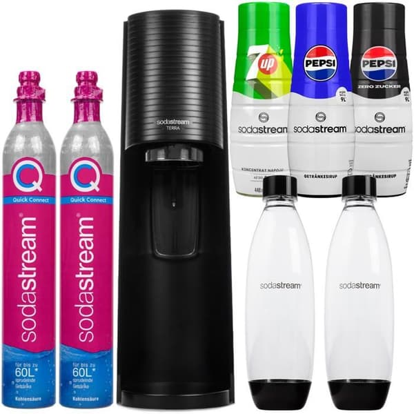 SATURATOR SODASTREAM TERRA SVART 2 FLASKOR + 2 KARTUSCHER + 3X SIROP PEPSI 7UP