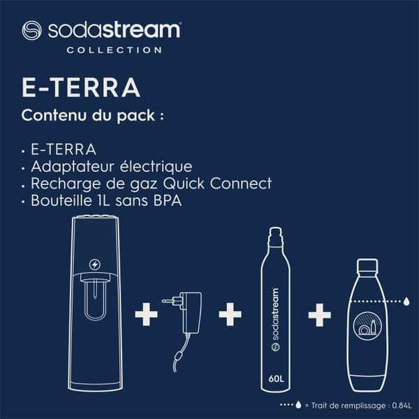 Sodamaskin - SODASTREAM - E-TERRA - 1 diskmaskinflaska - 1 CO2-påfyllning 60L - Svart