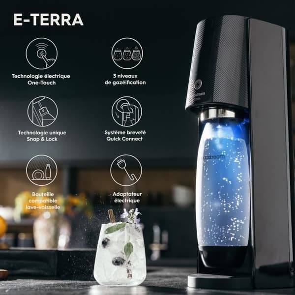 Sodamaskin - SODASTREAM - E-TERRA - 1 diskmaskinflaska - 1 CO2-påfyllning 60L - Svart