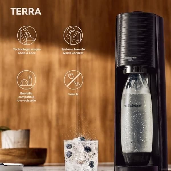 Sodamaskin och kolsyrat vatten SODASTREAM - TERRA Svart - 1 diskmaskin-kompatibel flaska - 1 gaspatron 60L