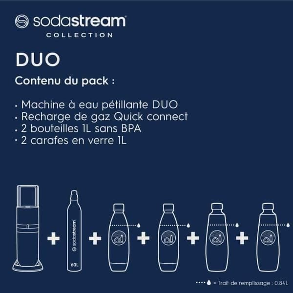 SODASTREAM-sooda- ja hiilihapotettu vesiautomaatti - DUO valkoinen - 2 lasikannua - 2 pulloa - 1 60 litran kaasutäyttöpakkaus