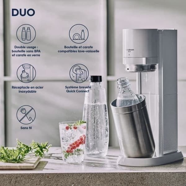 SODASTREAM-sooda- ja hiilihapotettu vesiautomaatti - DUO valkoinen - 2 lasikannua - 2 pulloa - 1 60 litran kaasutäyttöpakkaus