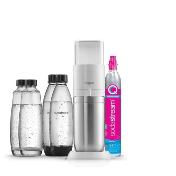 SODASTREAM-sooda- ja hiilihapotettu vesiautomaatti - DUO valkoinen - 2 lasikannua - 2 pulloa - 1 60 litran kaasutäyttöpakkaus