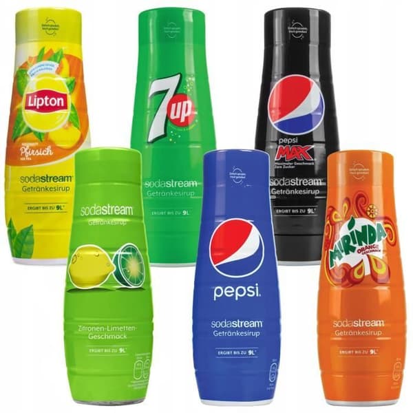 Set med 6 siraper för Sodastream (Mirinda, Citron, Pepsi, PepsiMax, 7UP, Lipton)
