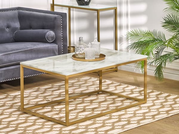 Soffbord Beige Marmoreffekt Guld Metallben 100 x 60 cm Rektangulär Industrial Glam