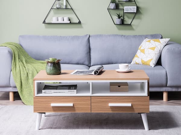 Soffbord Ljust trä Vit 100 x 60 cm 2 lådor Hyllor Skandinavisk stil