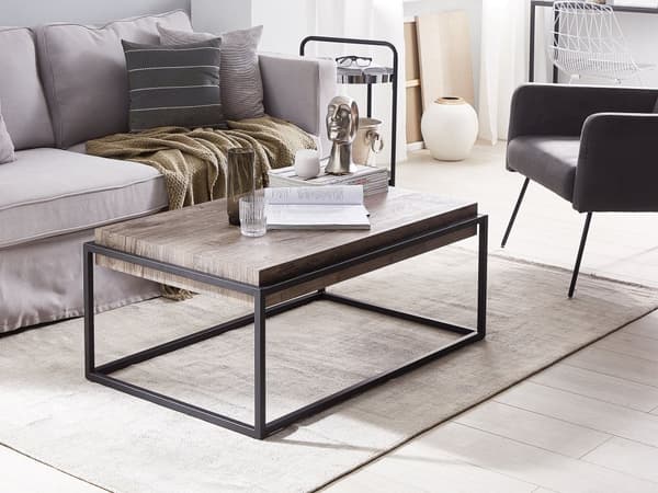 Soffbord Ljus Trä Topp Svart Metallram 115 x 64 cm Rektangulär Industriell Vardagsrum