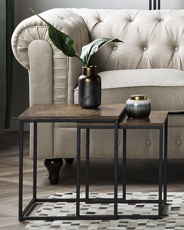 Sofaborde Mørkt Træ Sort Metal 39 / 42 cm Små Firkantede Sideborde Moderne Indskudsborde Industriel Stue Indretning Lille Hjørneborde Design