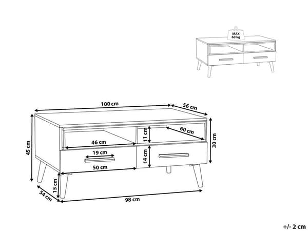 Sofabord Lyst Træ Hvid Spånplade og Gummitræ 100 x 45 cm Rektangulær Lille Lav 2 hylder 2 Skuffer Opbevaring Flotte Designer Skandinavisk Stue