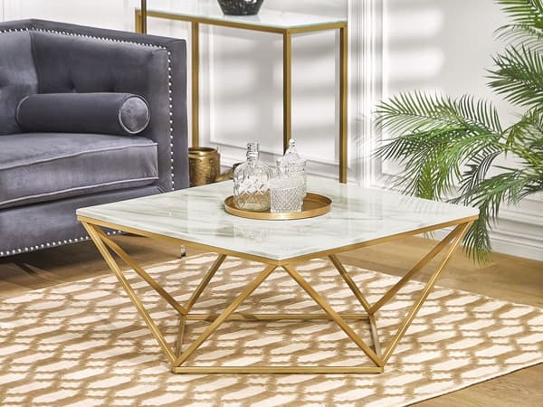 Sofabord Beige Guld Metal MDF 80 x 80 x 40 cm Firkantet Dekorativ Marmor Bordplade til Stuen Glamour Moderne stil Inspiration Tilbehør
