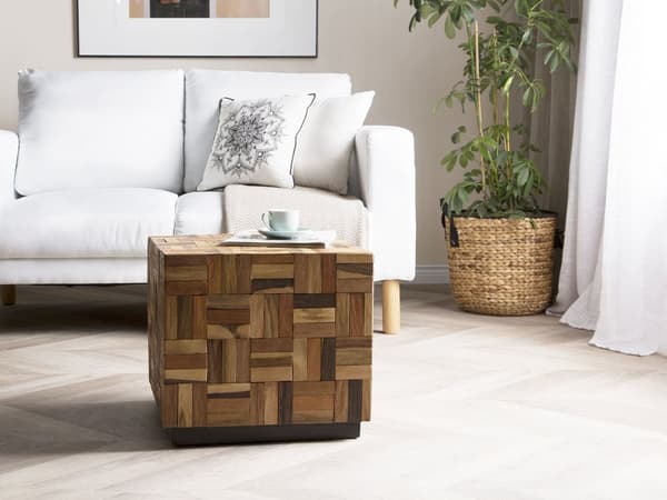 Sidebord Mørkt Teaktræ 45 x 45 x 40 cm Dekorativ Firkantet Kvadratisk Hjørnebord til Stue med Ternet Design Boho stil Indretning til Sofa