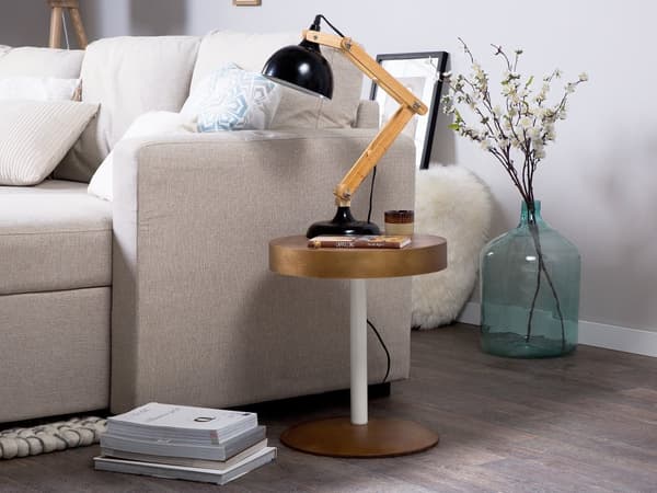 Sofabordslampe Rundt Træ 40 cm med Opbevaring Skandinavisk Stil