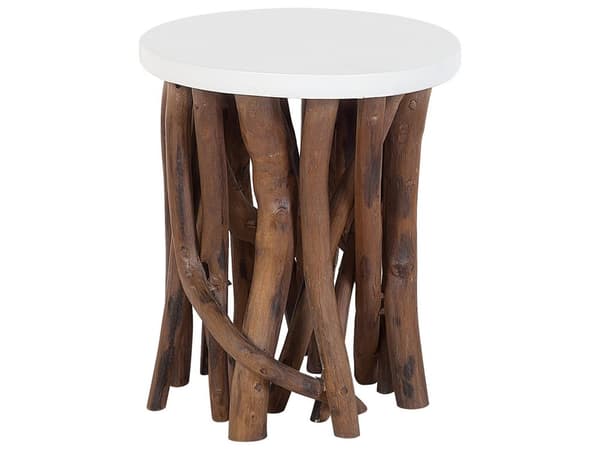 Sidebord Hvidt Mørk Teaktræ Ben ø 40 x 51 cm Dekorativ Natur Inspireret Lille Rund Hjørnebord til Stuen Tilbehør Boho stil Lampebord Moderne