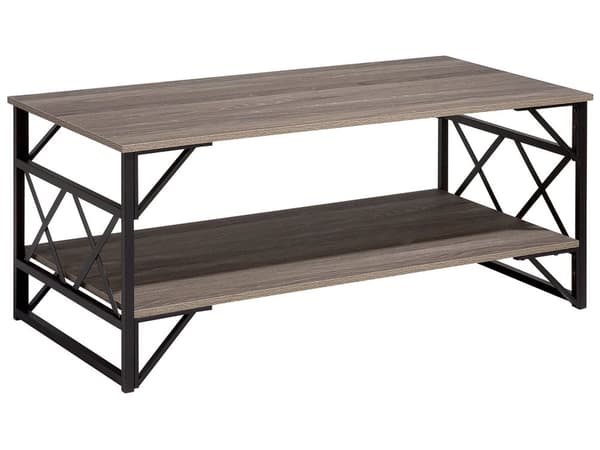 Sofabord Mørkt Træ med Sort Mat Stel 120 x 61 x 51 cm Aflang Rektangulær Opbevaring Hylde Stue Industriel Rustik Design Indretning