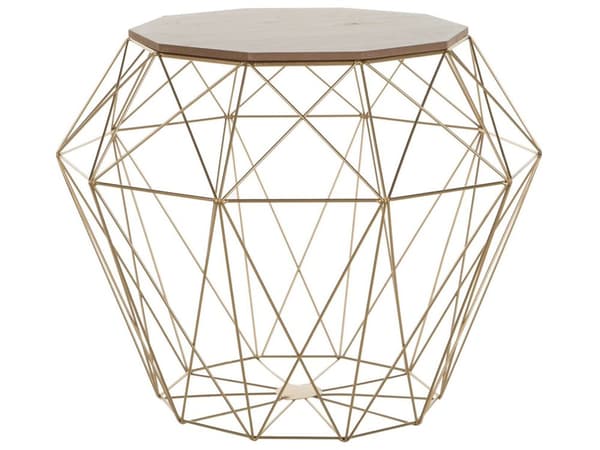 Sofabord Lyst Træ Gylden Metal Trådkurv med Opbevaringsplads Aftagelig Top ø 43 cm Industriel Stil