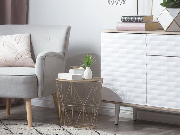 Sofabord med Opbevaring Bordplade Lyst Træ Guld Metalbund ø 40 cm Skandinavisk Stil