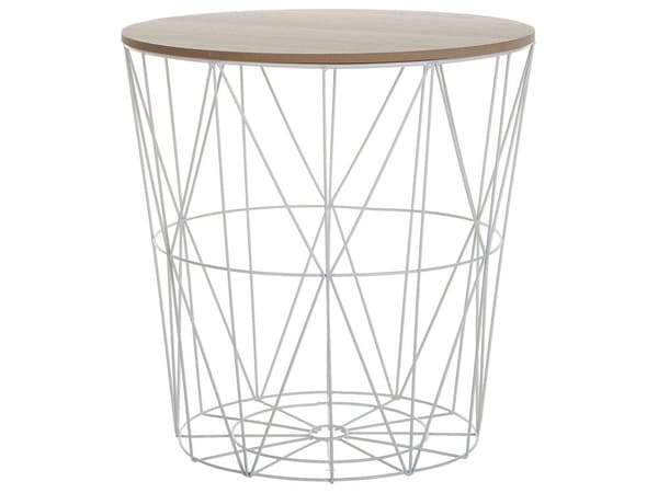 Sidobord Ljust Trä Vit Metall Avtagbar Skiva Förvaring Trådkorg Geometrisk Glam