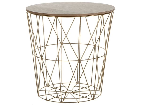Sidobord Ljust Trä Guld Metall Avtagbar Skiva Förvaring Trådkorg Geometrisk Glam