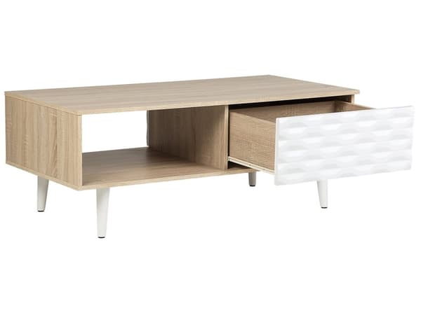 Sofabord lyst træ hvidt geometrisk mønster 46 x 120 cm skuffe hylde moderne