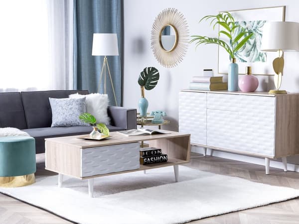 Soffbord Ljust trä Vit spånskiva med 1 låda